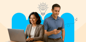 Woman using laptop computer, man using smartphone.