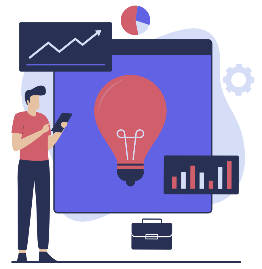 Smartphone user with business charts and graphs in background.
