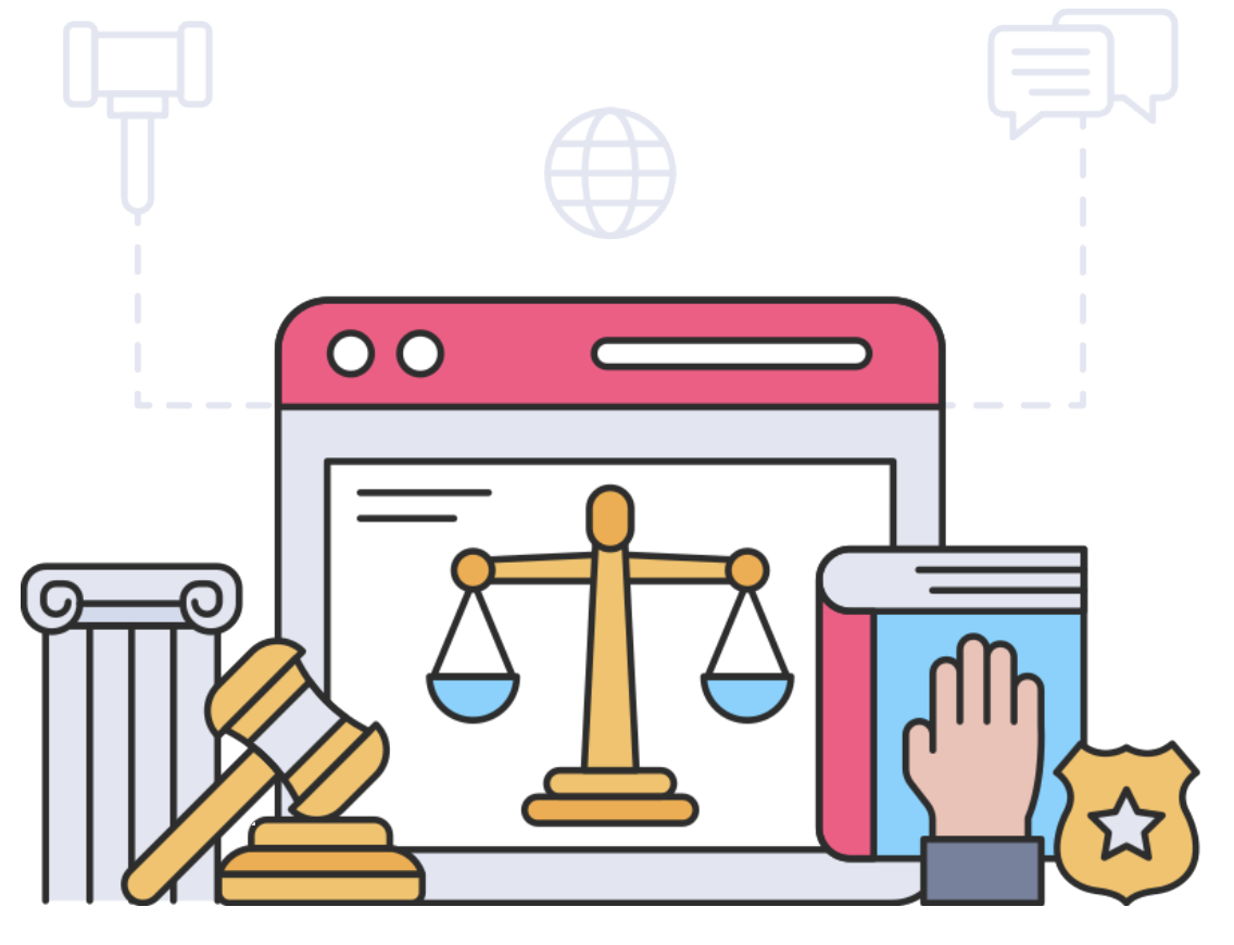 Gavel, scales, hand on bible, and badge with smartphone in background.