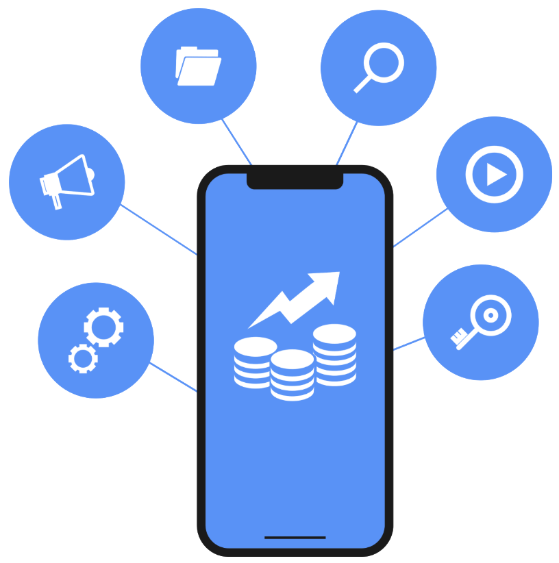 Smartphone connecting search, communication, and file functions.